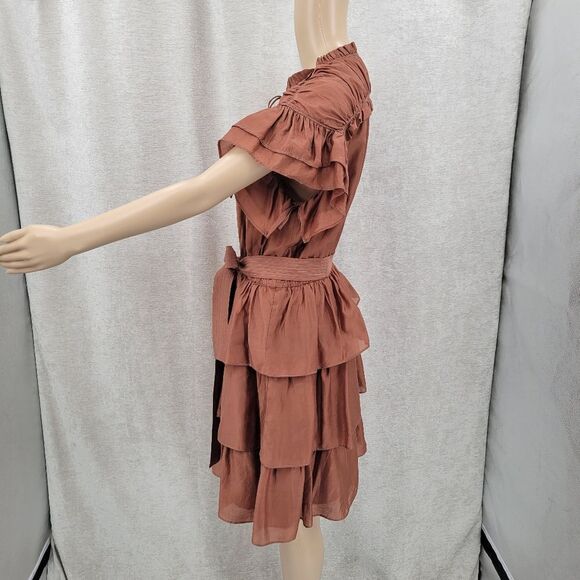 Current Air Flutter Sleeve Tiered Mini Dress Bronze Brown Belted - Picture 8 of 14